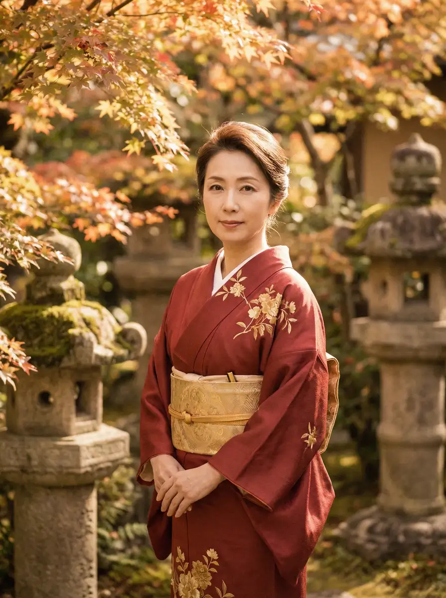一位身穿暗红色和服的优雅 办公室韩国电影免费完整版 在日式庭院中