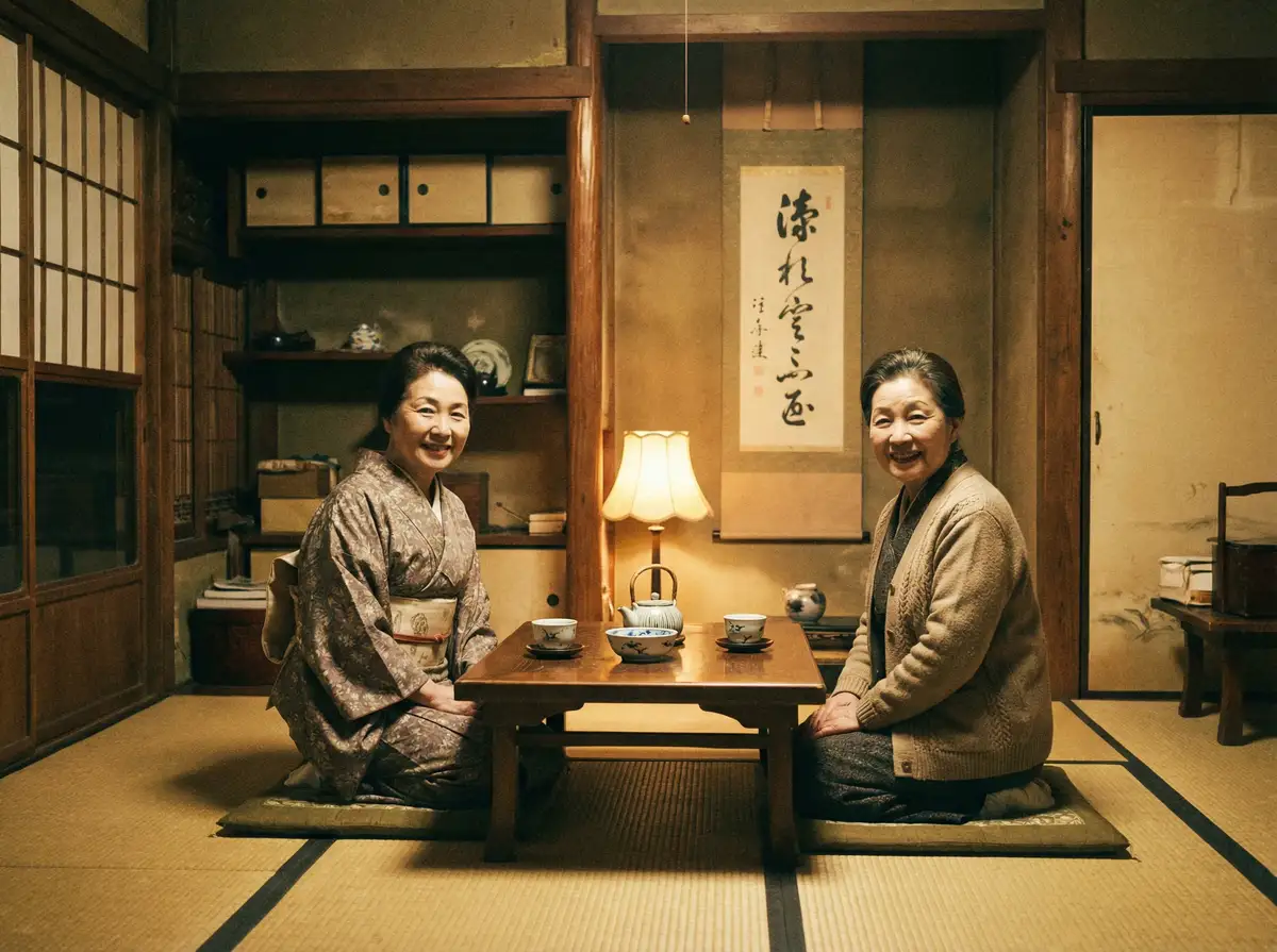 两位优雅的 办公室韩国电影免费完整版 在日式茶室中品茶交谈